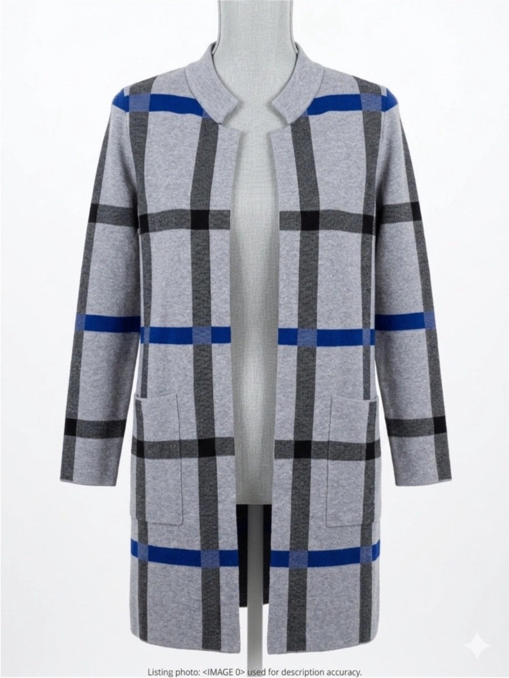 Tahari XS Gray Blue Black Plaid Open Front Duster Cardigan NWOT